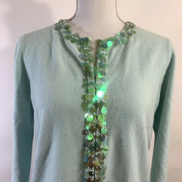Y2K Blue Cardigan Sweater with Large Sequin Trim in Green Long Sleeve Size Small - Picture 9 of 10
